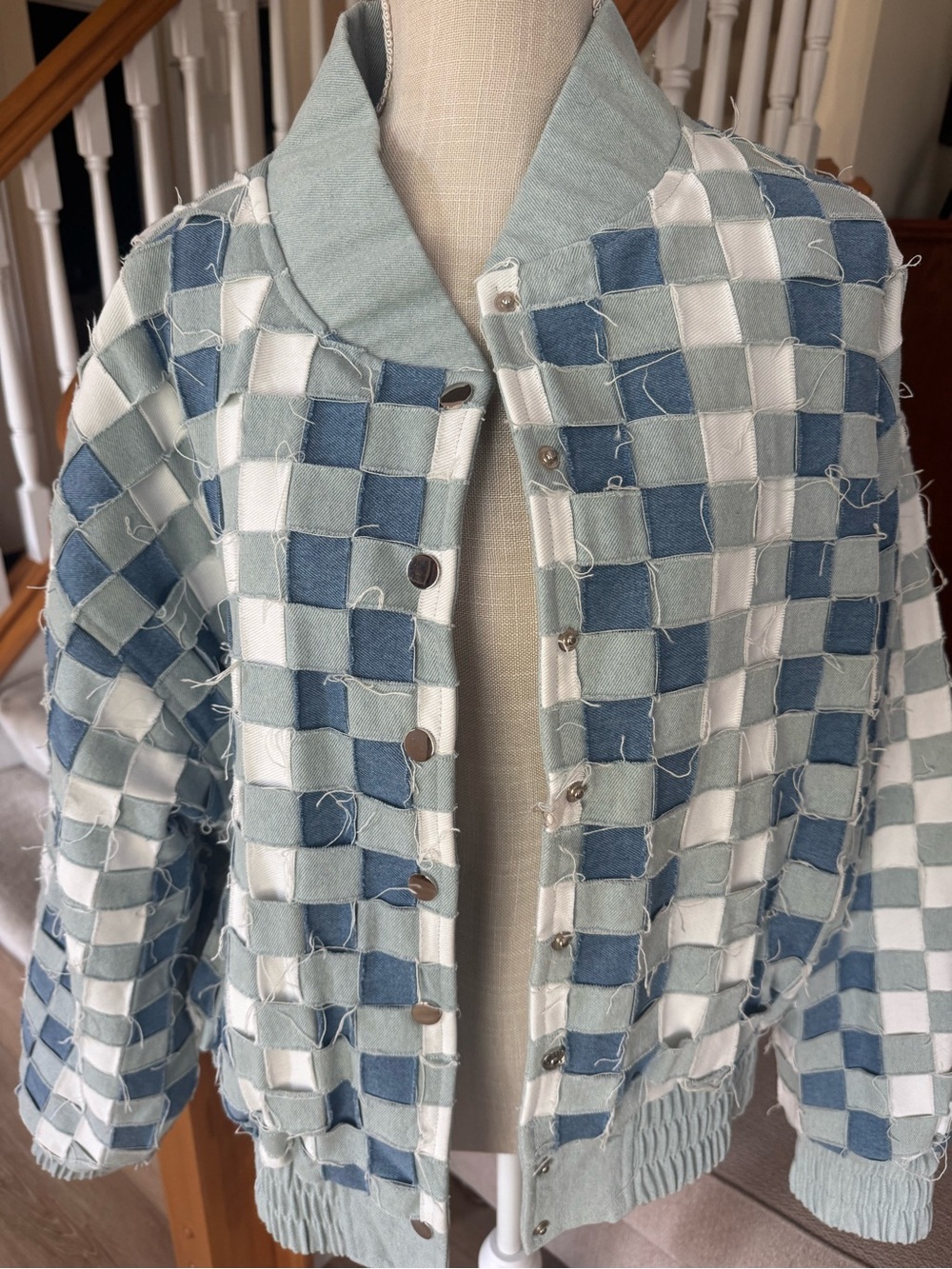 AKIRA Blue, Light Blue & White Woven Check Bomber Jacket